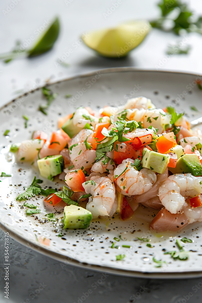 Fresh Mexican Ceviche with Lime and Avocado - Minimalist Presentation Fresh Mexican Ceviche with Lime and Avocado - Minimalist Presentation