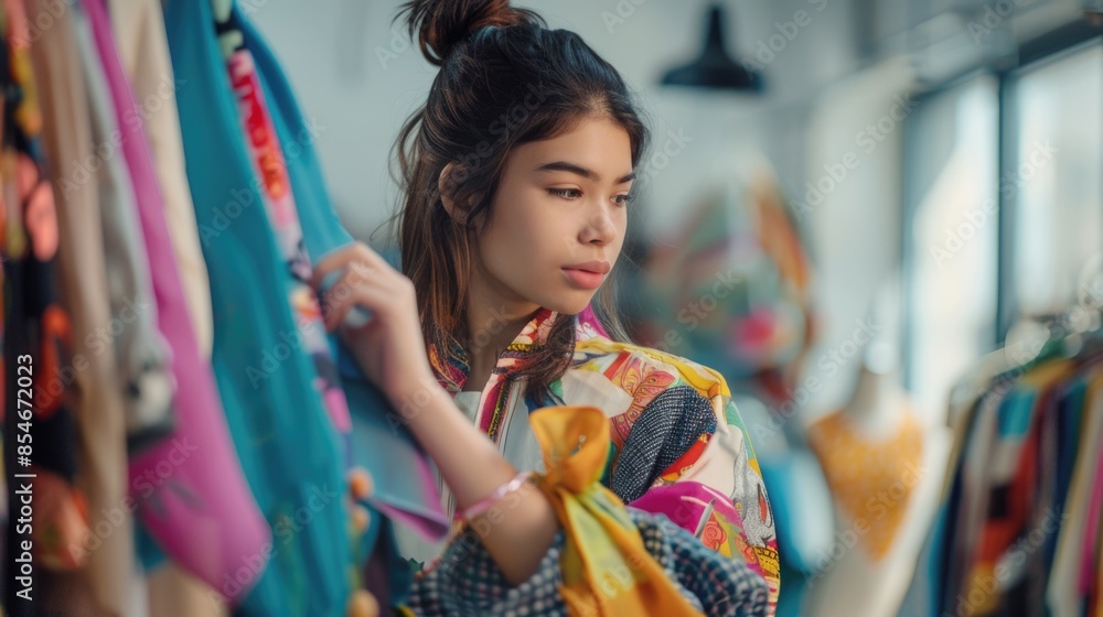 A woman examines a selection of vibrant scarves, ideal for fashion or lifestyle photography A woman examines a selection of vibrant scarves, ideal for fashion or lifestyle photography