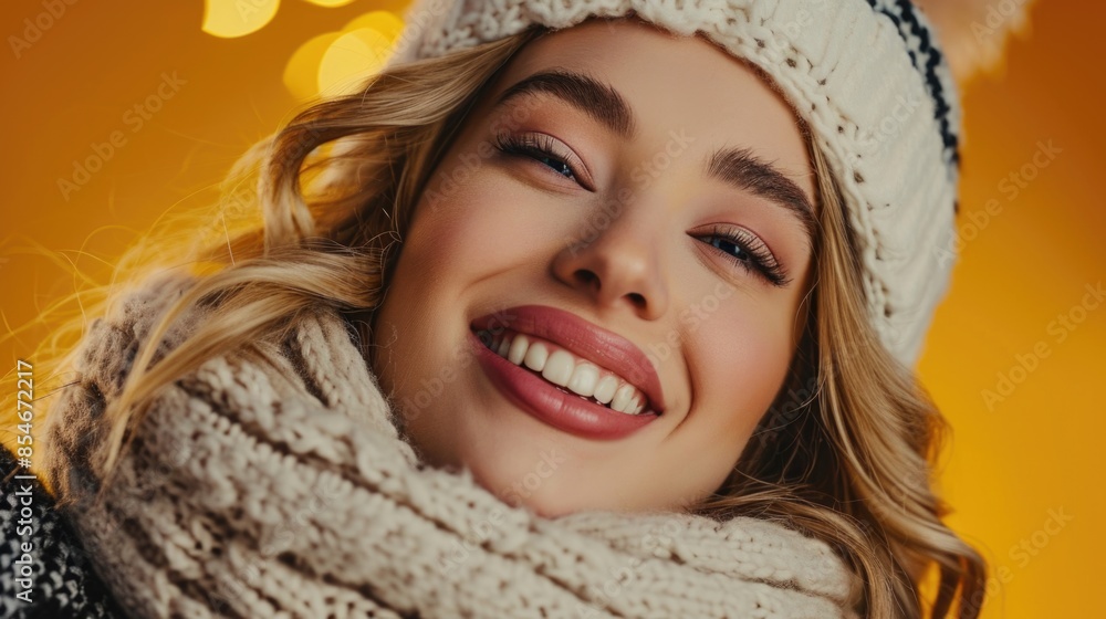 A smiling woman wearing a white hat and scarf, possibly outdoors or in a casual setting A smiling woman wearing a white hat and scarf, possibly outdoors or in a casual setting