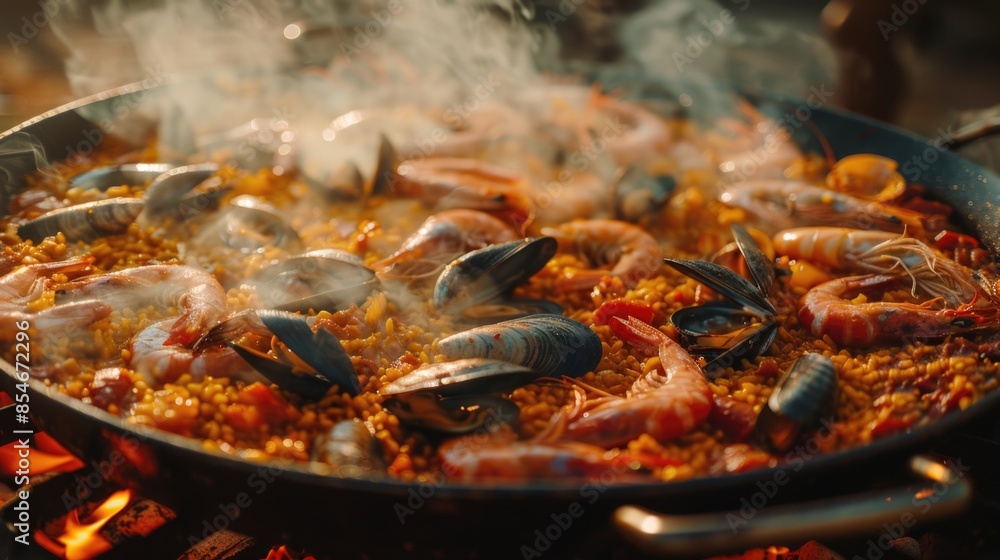 Seafood and rice cooking on a grill, perfect for outdoor gatherings or beachside meals Seafood and rice cooking on a grill, perfect for outdoor gatherings or beachside meals