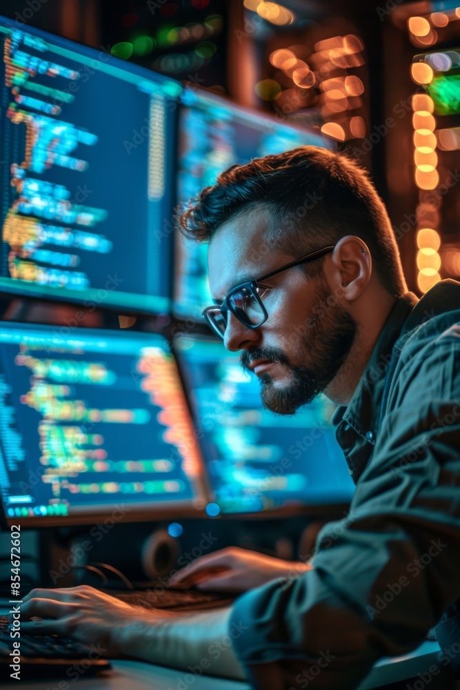 Fototapeta premium Focused Developer: Programming Code Cybersecurity