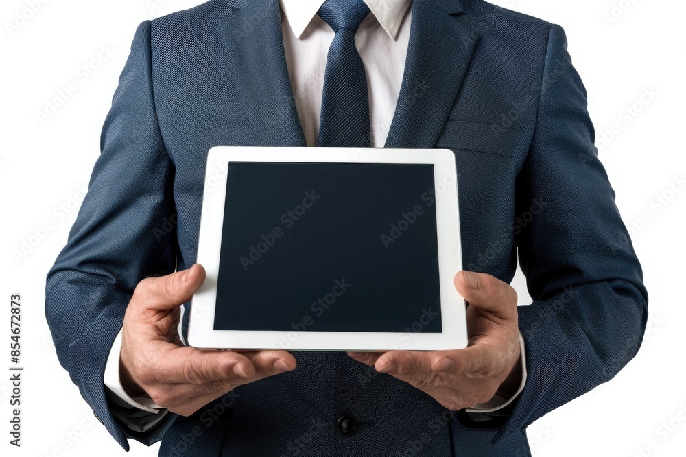 A businessman holding a tablet computer, ideal for business or professional use A businessman holding a tablet computer, ideal for business or professional use