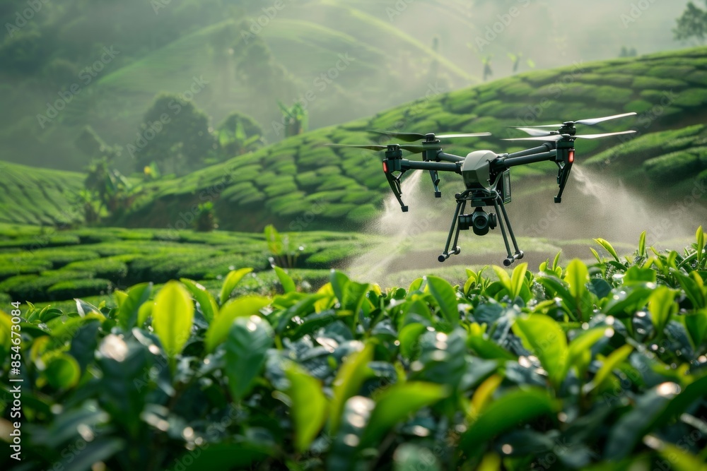 Precision agriculture: Drone spraying micronutrients on a tea plantation, ensuring optimal leaf health and tea quality. Precision agriculture: Drone spraying micronutrients on a tea plantation, ensuring optimal leaf health and tea quality.