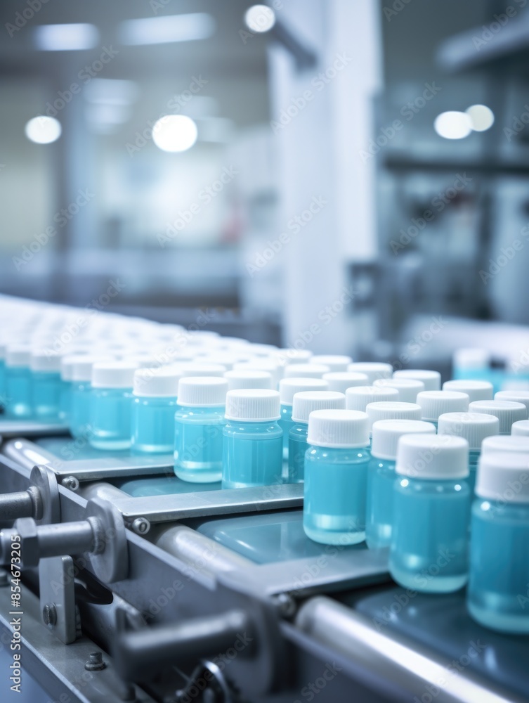 A conveyor belt filled with bottles of blue liquid for packaging or manufacturing purposes A conveyor belt filled with bottles of blue liquid for packaging or manufacturing purposes
