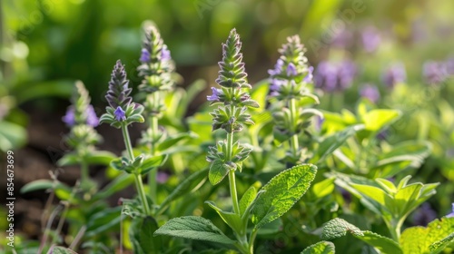 The Initial Emergence of Lavender Leaf Stachys Green Foliage in a Spring Flower Bed captured up close with Bokeh Effect