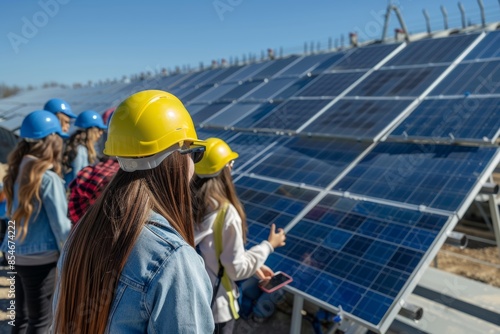 Group of students visiting a solar power plant, observing sustainable energy production in action and gaining real-world insights.