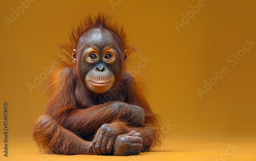 A baby orangutan sitting against a plain orange background. The orangutan appears to be calm and inquisitive, with a slight smile on its face.