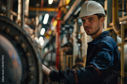 Wallpaper Mural Male engineer looking satisfied while inspecting machinery in a factory, representing success in quality control and production efficiency. Torontodigital.ca