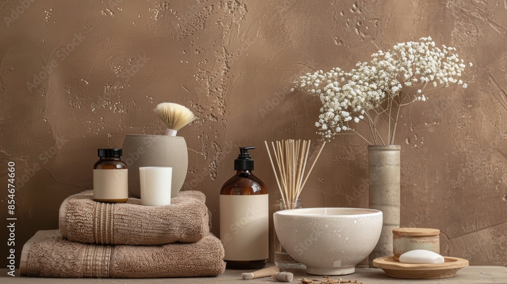 Fototapeta premium Decorative items in a spa setting with a brown backdrop