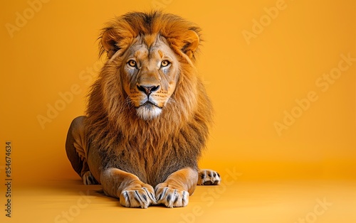 A majestic lion with a magnificent mane lying against a bright orange background, exuding power and calmness.