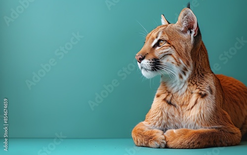 A majestic lynx with striking features sits gracefully against a solid teal background, showcasing its wild beauty and regal presence.