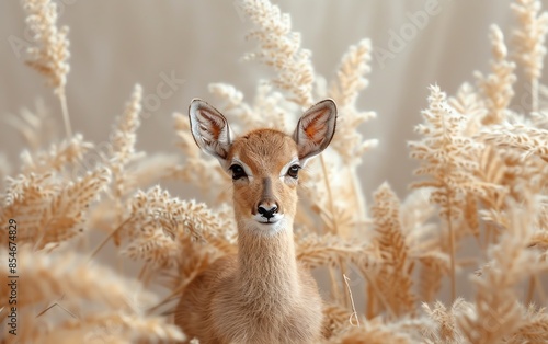 A young roe deer peeks out from tall, golden grass. The soft light creates an enchanting, serene atmosphere in this natural setting.