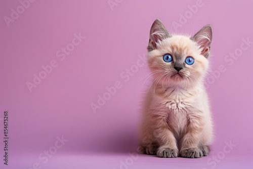 Adorable blue-eyed kitten sitting on a pink background. Perfect for pet, animal, and cute-themed content. photo