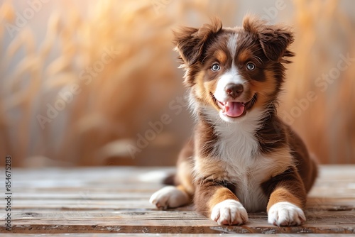 Adorable brown and white puppy sitting on a wooden surface with a blurred autumn background, looking happy and playful.