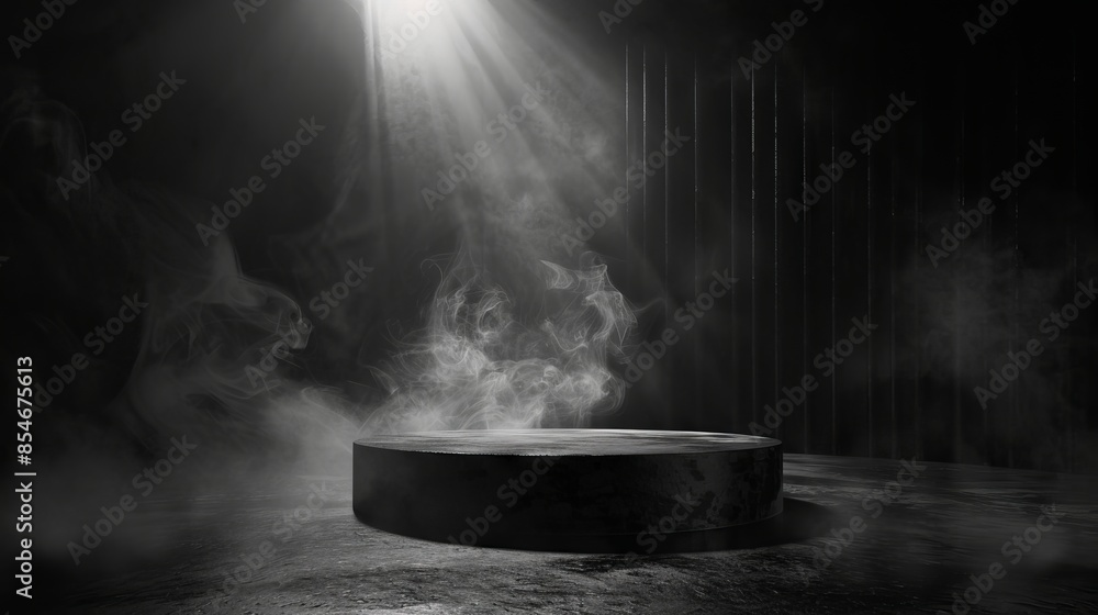 Podium black dark smoke background product platform abstract stage texture fog spotlight. Dark black floor podium dramatic empty night room table concrete wall scene place display studio smoky dust Podium black dark smoke background product platform abstract stage texture fog spotlight. Dark black floor podium dramatic empty night room table concrete wall scene place display studio smoky dust