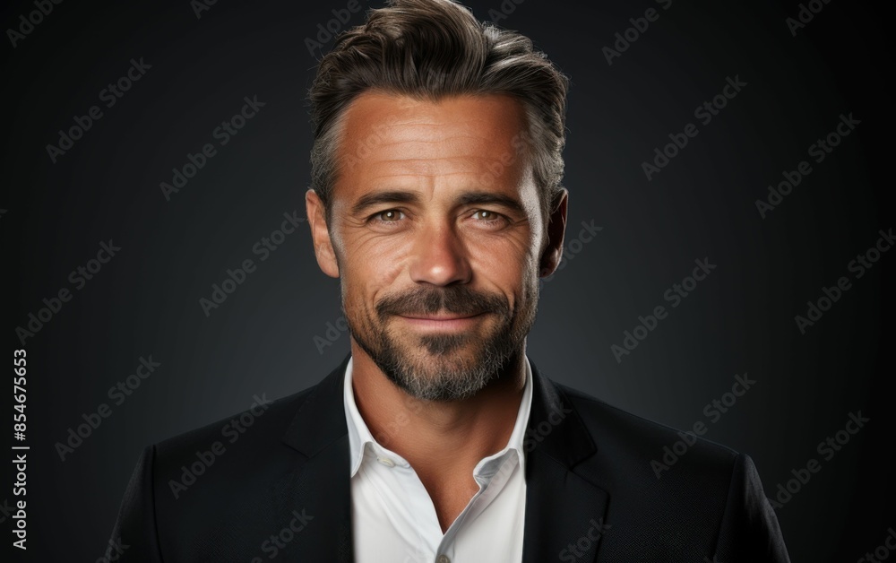 A man in a suit and white shirt is smiling. He looks happy and confident. Concept of professionalism and success A man in a suit and white shirt is smiling. He looks happy and confident. Concept of professionalism and success