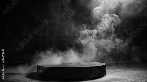 Podium black dark smoke background product platform abstract stage texture fog spotlight. Dark black floor podium dramatic empty night room table concrete wall scene place display studio smoky dust