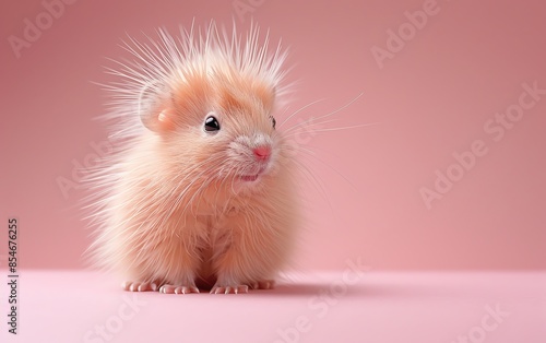 Adorable fuzzy baby hamster on a pastel pink background, showcasing its cute and fluffy appearance. Perfect for pet and animal-themed content.