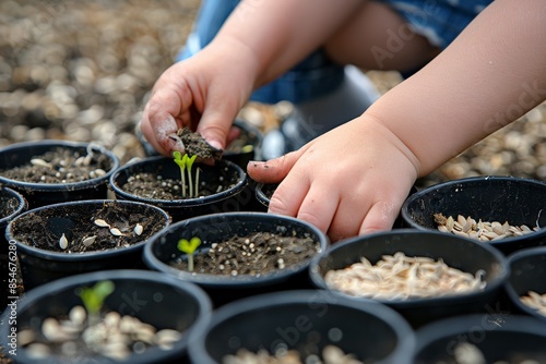 Hand of a child planting seeds in soil-filled pots for Earth Day gardening activities, fostering sustainability.