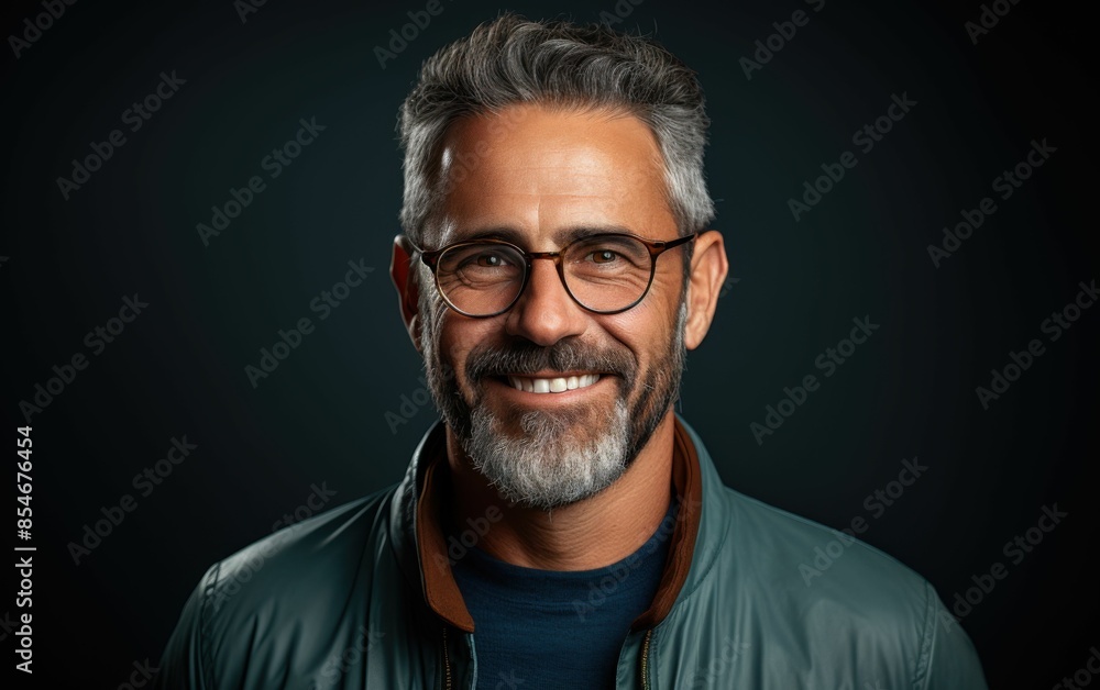 A man with glasses and a beard is smiling. He is wearing a green jacket and a blue shirt A man with glasses and a beard is smiling. He is wearing a green jacket and a blue shirt