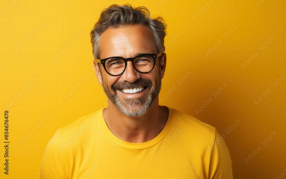 A man with glasses is smiling and wearing a yellow shirt. He looks happy and confident. Concept of positivity and warmth A man with glasses is smiling and wearing a yellow shirt. He looks happy and confident. Concept of positivity and warmth