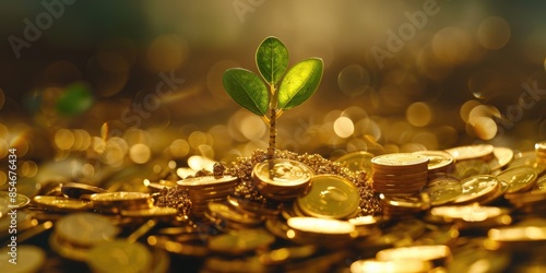 A small plant grows from a pile of gold coins, symbolizing wealth and prosperity
