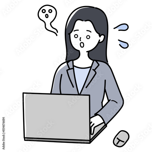 ノートパソコンの前で放心状態のスーツを着た女性