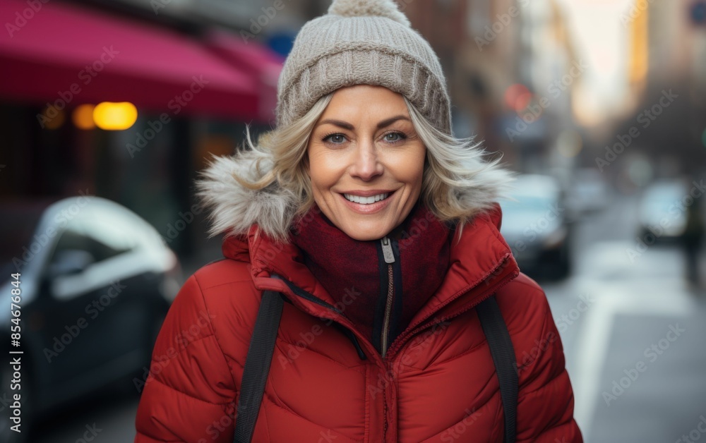 A woman wearing a red coat and a white hat is smiling. She is standing on a street with cars and a building in the background A woman wearing a red coat and a white hat is smiling. She is standing on a street with cars and a building in the background