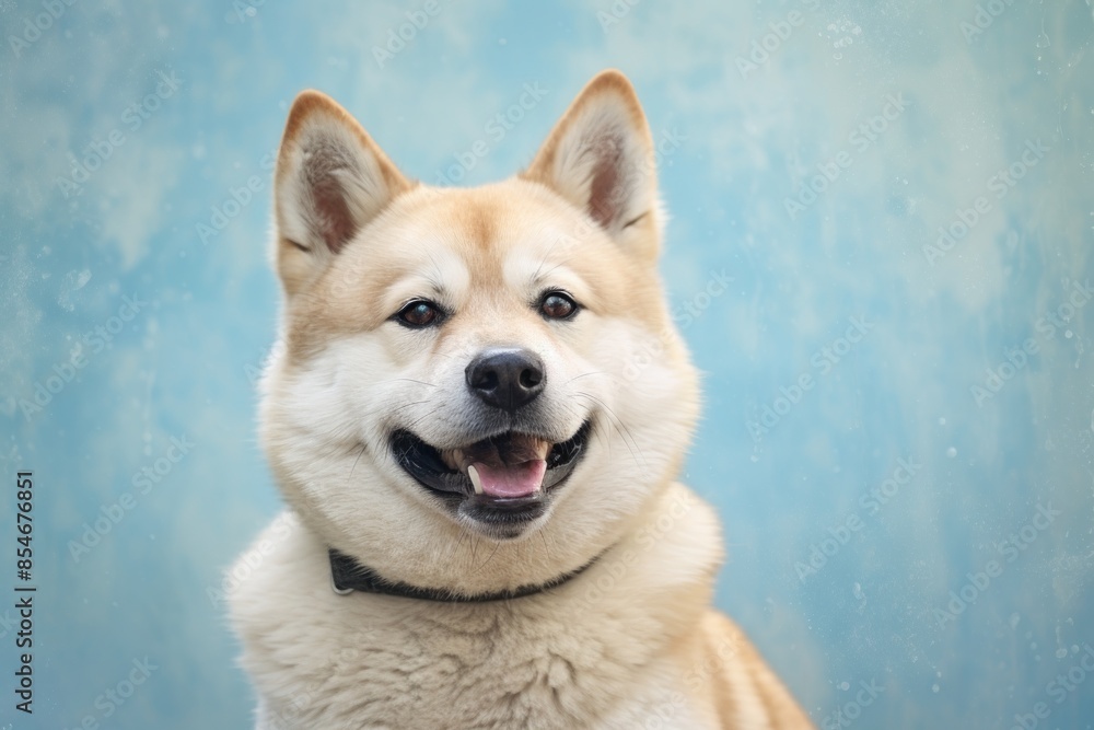 Portrait of a happy akita in soft blue background Portrait of a happy akita in soft blue background