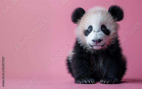 Adorable panda cub sitting on a pink background, showcasing its fluffy fur and curious expression. Perfect for playful and cute themed content.