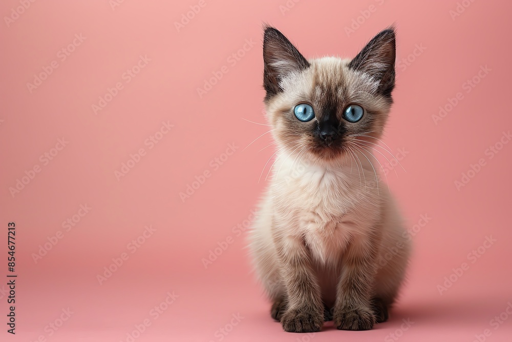 Adorable Siamese kitten with bright blue eyes sitting against a pink background, exuding charm and cuteness in this stock photo. Adorable Siamese kitten with bright blue eyes sitting against a pink background, exuding charm and cuteness in this stock photo.