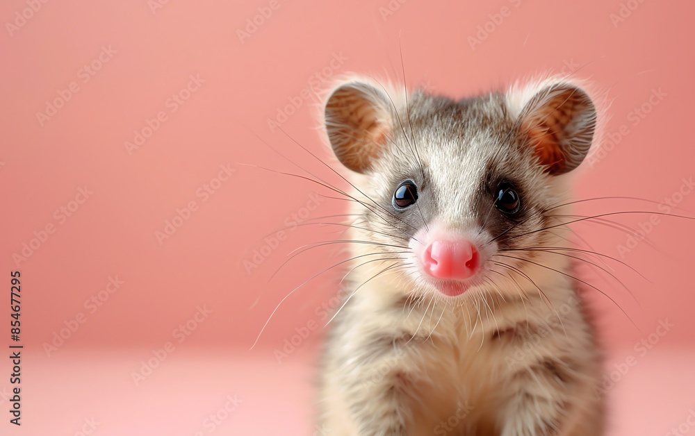 Adorable small animal with big eyes and pink nose, set against a soft pink background, showcasing its cute and curious expression. Adorable small animal with big eyes and pink nose, set against a soft pink background, showcasing its cute and curious expression.