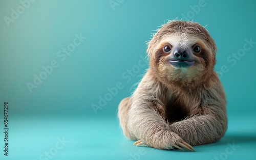 Adorable sloth relaxing with arms crossed against a turquoise background, showcasing its charming and slow-moving nature.