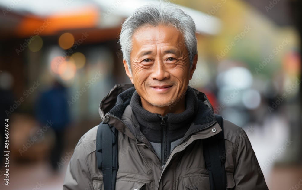 A man with a gray beard and a black backpack is smiling in front of a building. The scene is set in a city, with a few other people in the background A man with a gray beard and a black backpack is smiling in front of a building. The scene is set in a city, with a few other people in the background