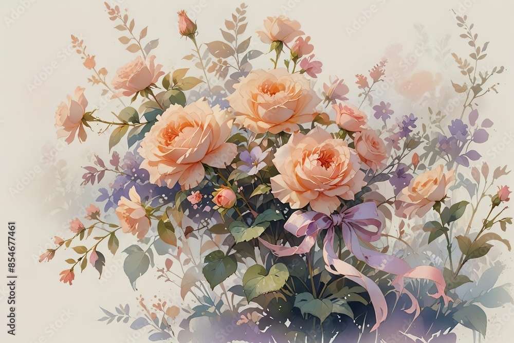 Delicate rose flowers, suspended in a dreamy watercolor medium, drift across a crisp white background in a picturesque scene reminiscent of an English countryside, evoking feelings of serenity Delicate rose flowers, suspended in a dreamy watercolor medium, drift across a crisp white background in a picturesque scene reminiscent of an English countryside, evoking feelings of serenity