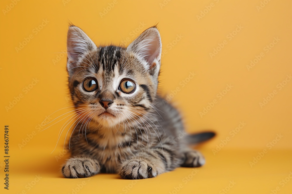 Obraz premium Adorable tabby kitten with big eyes lying on a yellow background, looking curiously at the camera. Perfect for pet and animal-themed designs.