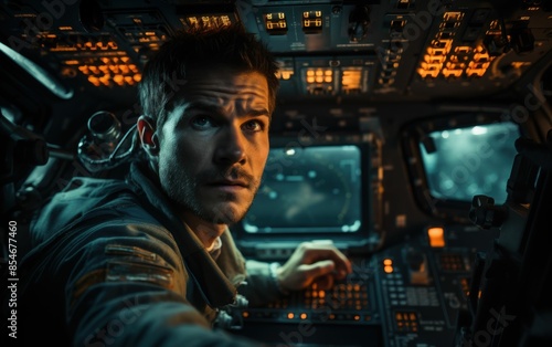 A man is piloting a spaceship with a serious expression on his face. The cockpit is filled with buttons and dials, and the man is focused on the controls. Concept of tension and responsibility