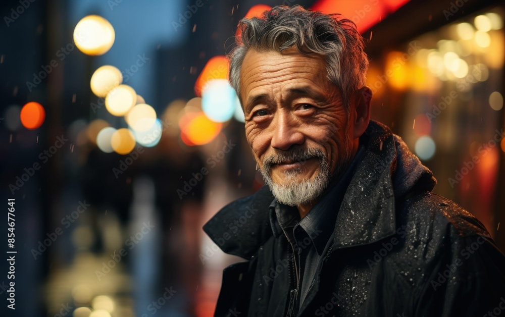 A man with a beard and gray hair is standing in the rain. He is smiling and looking at the camera A man with a beard and gray hair is standing in the rain. He is smiling and looking at the camera