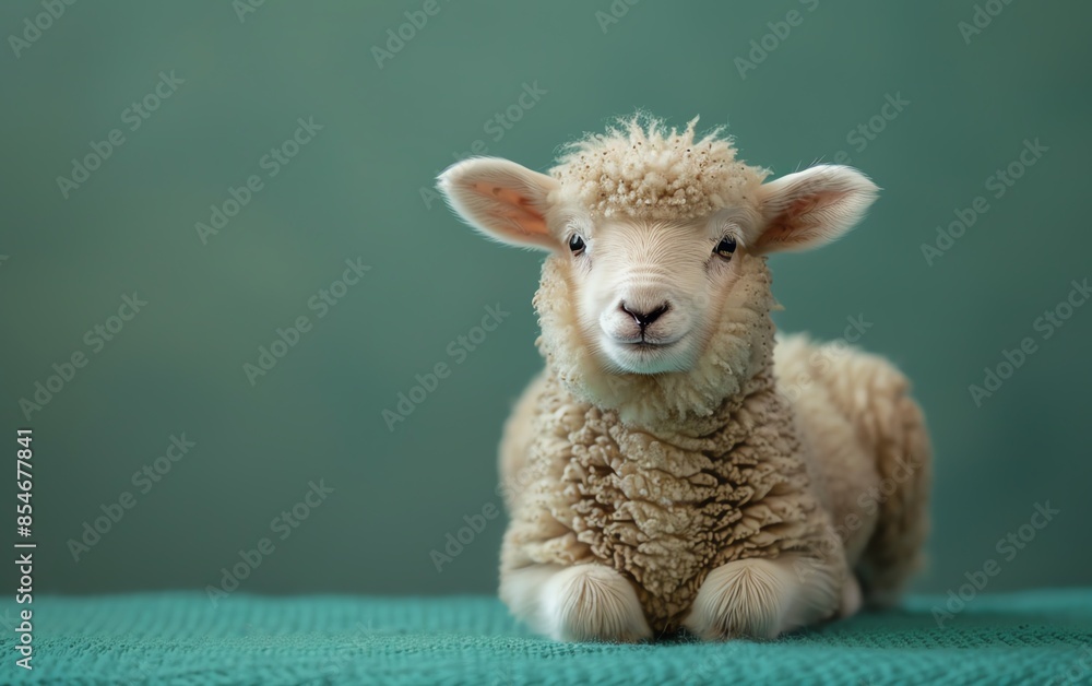 Obraz premium Adorable young lamb sitting on a green surface against a blurred background, showcasing nature and cuteness.