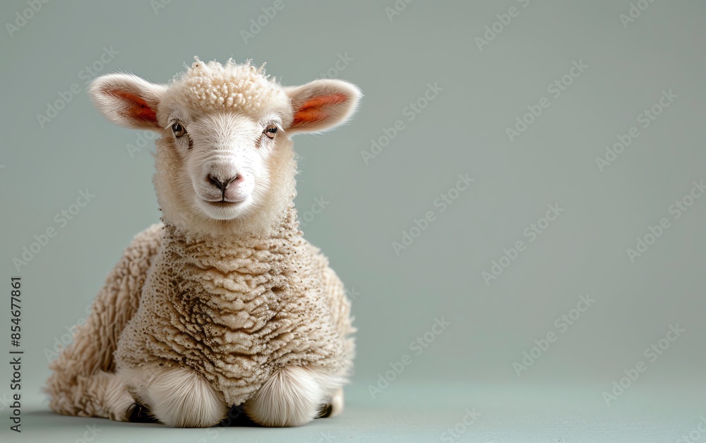 Fototapeta premium Adorable young lamb sitting on a soft pastel backdrop, showcasing its fluffy wool and gentle facial expression.
