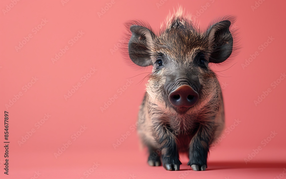 Adorable young piglet with small ears and hairy body standing against a pink background, showing a curious and endearing expression. Adorable young piglet with small ears and hairy body standing against a pink background, showing a curious and endearing expression.