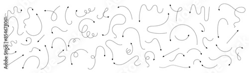 Set of hand drawn thin dash line arrows. Collection of curved pointers. Black dot vector pointers pointing in different directions. Simple design elements of signpost showing confusing complex path