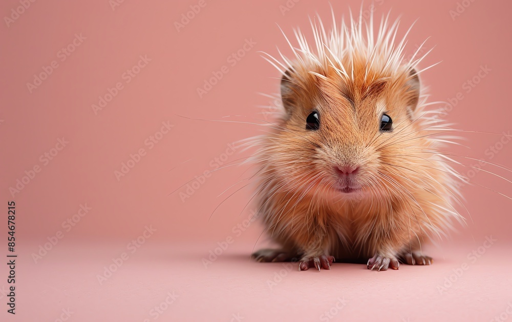 Close-up of an adorable hamster with spiky fur on a pink background, full of personality and cuteness, perfect for pet lovers. Close-up of an adorable hamster with spiky fur on a pink background, full of personality and cuteness, perfect for pet lovers.