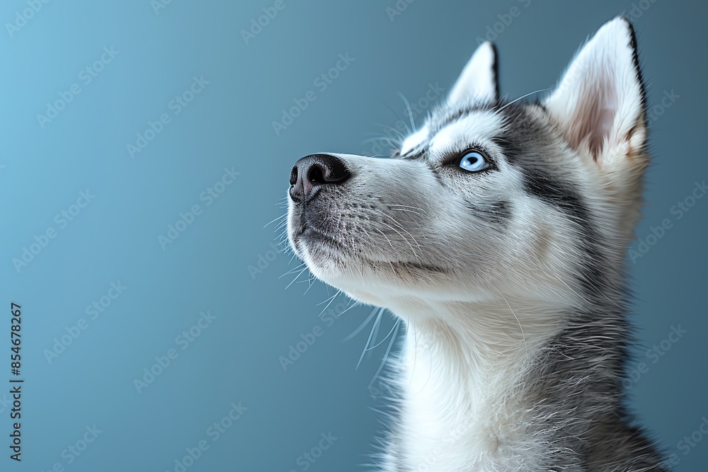 Close-up portrait of a Siberian Husky with piercing blue eyes against a blue background, showcasing the breed's striking features and alert expression. Close-up portrait of a Siberian Husky with piercing blue eyes against a blue background, showcasing the breed's striking features and alert expression.