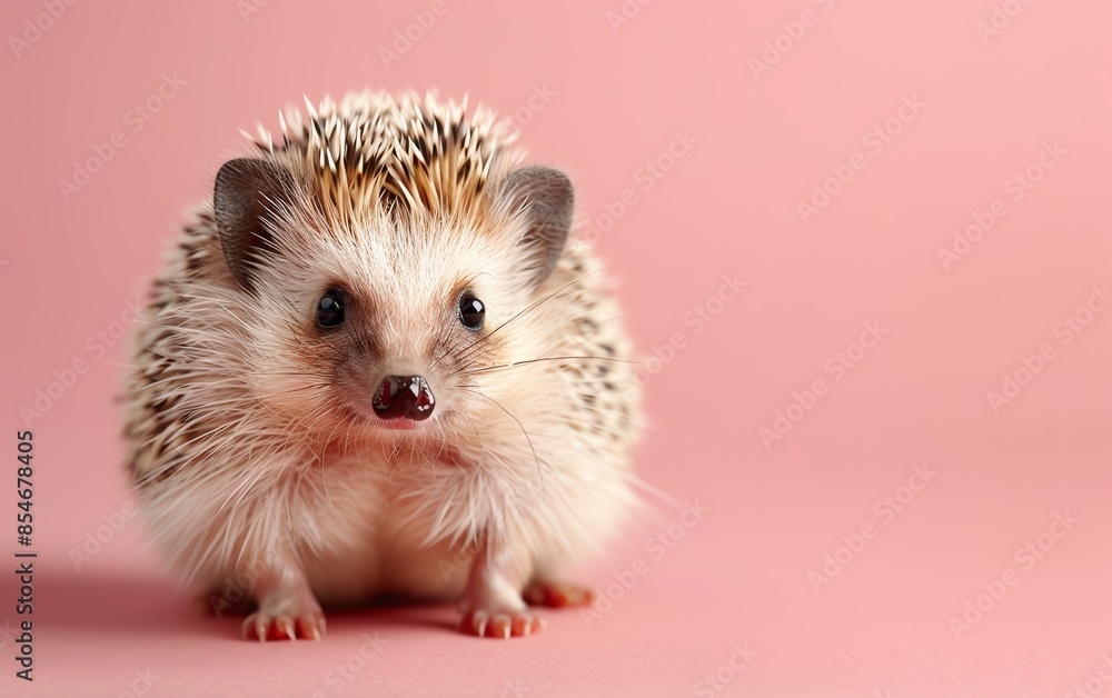 Cute hedgehog sitting on pink background, looking at camera. Fluffy spines and curious expression. Adorable pet. Cute hedgehog sitting on pink background, looking at camera. Fluffy spines and curious expression. Adorable pet.