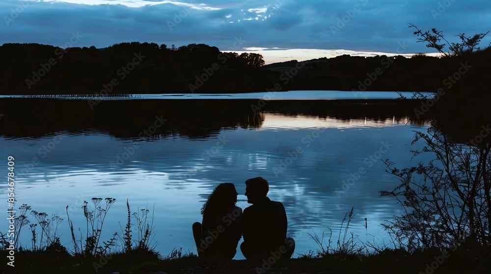 Obraz premium A couple sitting by a lake at dusk, their reflections shimmering on the water, a feeling of calm and togetherness