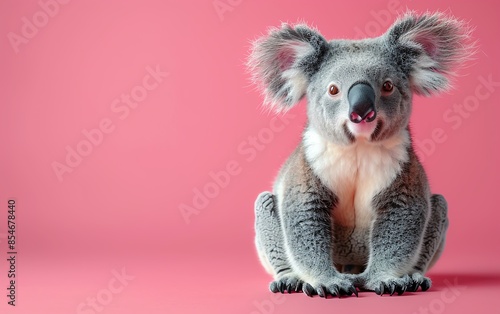 Cute koala sitting against a pink background, looking directly at the camera. Perfect for animal lovers, nature themes, and adorable designs. photo