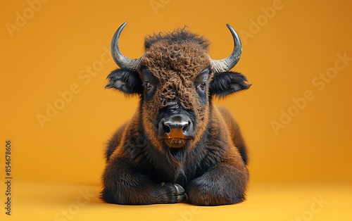 Front view of a young, resting bison against a vibrant orange background showcasing its fur, horns, and expression. photo