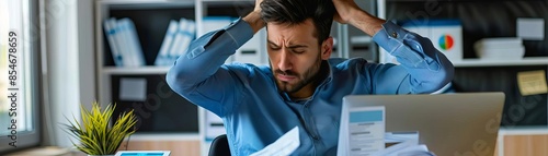 A man feeling frustrated, struggling with cloud compliance issues, legal documents and digital interfaces scattered