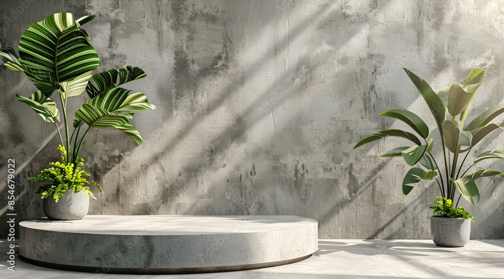 Minimalist concrete podium for product presentation with palm trees in pots Minimalist concrete podium for product presentation with palm trees in pots
